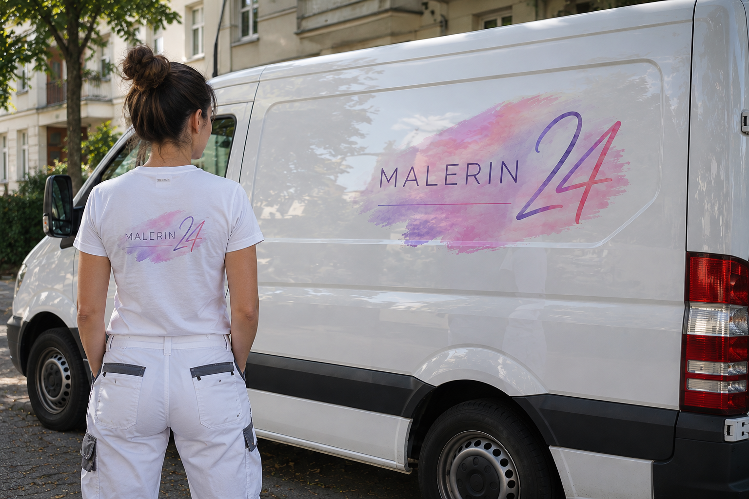 Malerin24 Mitarbeiterin vor dem gebrandeten Servicefahrzeug